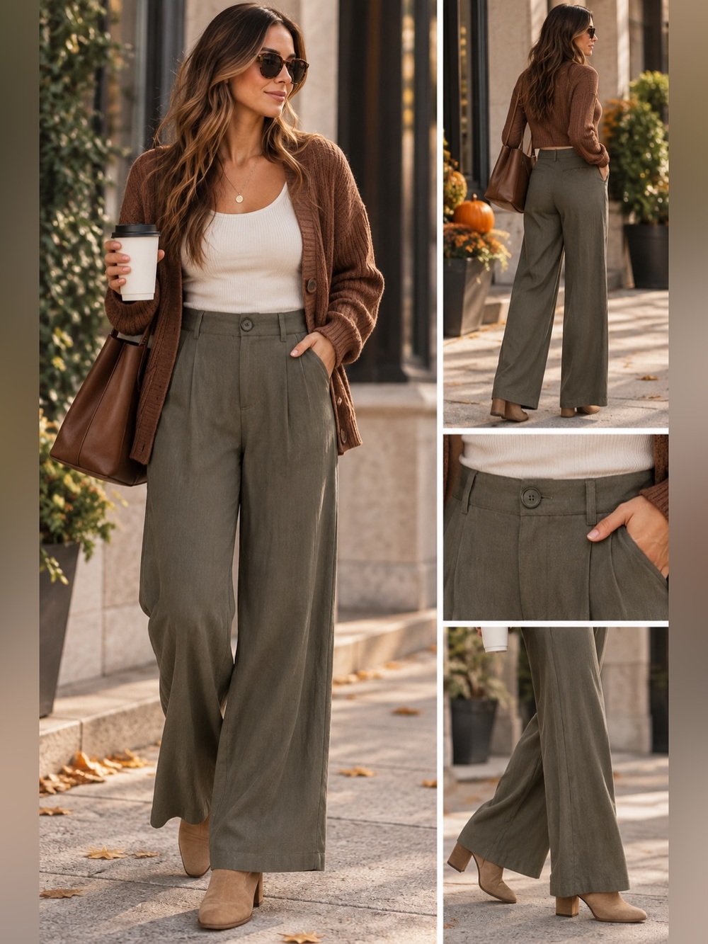 Blenca Large Olive Linen Viscose Wide Leg Pants High Rise Trousers